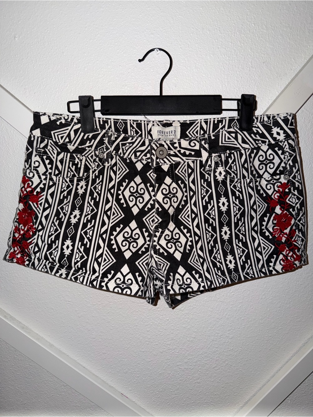 Forever 21 Black & White Tribal Print Shorts with Red Side Embroidery